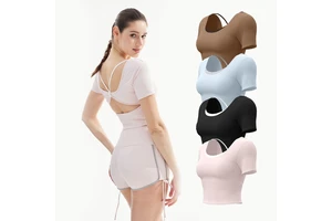 Summer Quick-dry Spandex/Polyester Sports Yoga Top Women Short-sleeved Peach-shaped butterfly Strap Chest Pads Suitable for