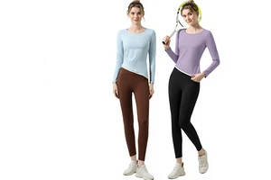 Quick-drying Figure-flattering Breathable Nylon Yoga Top Crew Neck; Stretchy Long-sleeve Set for Winter Pilates Fitness Running