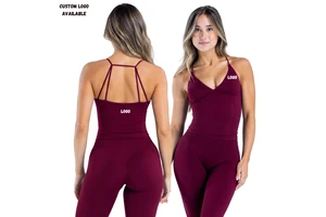 Custom Women Seamless Yoga Set Cross V Neck Tank Top High Waist V Cut Leggings Gym Fitness Sportswear 2 Piece Activewear