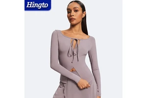 2025 Lace up Round Neck Slim Fit Long Sleeved Yoga Shirt Skinny Long Sleeves Active Lightweight Top Workout Yoga Crop Tops