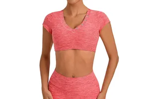 Ropa Deportiva Mujer Women's Lightweight High Support Yoga Gym Sports Bra V-Neck Short Sleeve Double Layers Croptop Tshirts