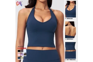 Women Brushed V Neck Halter Yoga Tank Top Tight Fit Sports Bra Running Workout Fitness Activewear