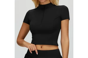Half Zipper Crew Neck Four-Way Stretch Yoga Crop Top Short Sleeves Active Shirt Nylon Spandex for Women
