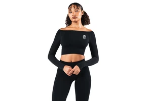 Womens Seamless Off Shoulder Long Sleeve Black Stretch Crop Top for Gym Yoga Training Workout Fitness Athleisure Wear