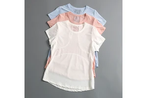 Women's Dance Yoga Short Sleeves Breathable Lightweight High Stretch Quick Dry Mesh Sports Gym Shirts with Front Logo