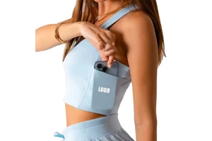 OEM Custom Crossover Workout Gym Back Fitness Yoga Tennis Wide Straps Crop Tank Top Side Pockets Functional Sports Bra For Women