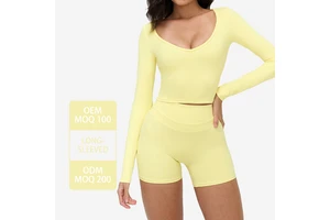 ECX3109 Women's Brushed Yoga Long-Sleeve Deep V-Neck T-Shirt Slim Training Sportswear Fitted Casual Yoga Wear