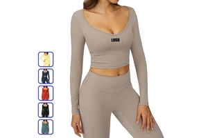 2025 New Arrival Workout Fitness High Quality V-neck Custom Sports Yoga Gym Women Long Sleeve Crop Top