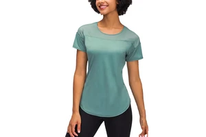 Women Workout Running Short Sleeve Cutout Tops Mesh Patchwork Sports Yoga T Shirt Gym Top