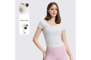 Women Summer Yoga Top Short Sleeve Henley Neck Button Down Slim Fit Crop T Shirt Fitness Workout Tee
