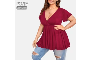 POVTY Custom Printed Women's Plus Size Deep V Neck Ruffle Hem Short Sleeve Pleated Flared Peplum Loose Spandex T-Shirts Tops