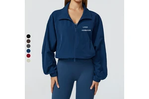 Quick Drying Stand Collar Sports Coat Women'S Zipper Windproof Running Fitness Long Sleeved Yoga Jacket with Pocket