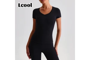 Lcool Women's Casual V Neck Yoga Top Quick-Drying Fitness Shockproof Tight Short Sleeved T-Shirt Workout Gym Fitness Wear