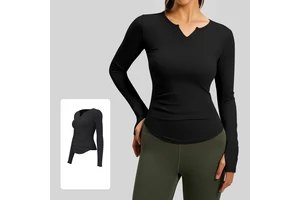 Ruched Waist Tummy Control Yoga Long Sleeve Top Buttery Soft Moisture-Wicking Gym Activewear