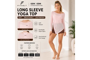 FITVOLT Breathable Four-Way Stretch Quick Dry Crew Neck Polyester/Cotton Sports T-shirt Yoga Pilates Fitness Wear Loose Long