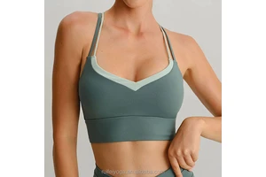 Custom Color Contrast Double Lined Active Set Cross Strap Light Support Breathable V Neck Workout Yoga Bra Front Gym Fitness
