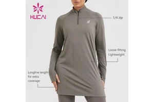 HUCAI Custom logo Womens Longline Long Sleeves Loose Quarter Zip Modest Activewear Sports Islamic Gym Wear Workout Top