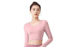 Women's Criss Cross Back Long Sleeve Moisture Wicking Four Way Stretch Yoga Top Built-in Pads Crop Workout Top for Yoga Gym