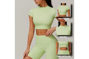 Custom Ribbed Fabric Solid Color Women Short Sleeve Yoga Top Outdoor Training Workout Running Gym Sports Shirt Yoga Top
