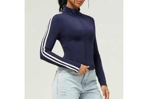 Women's Contrast Color Zipper Pocket Sports Yoga Jacket Autumn Winter Tops Long Sleeve Slim Fit Breathable Stand Collar Design