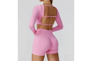 Women Sexy Backless Pilates Yoga Suit Long Sleeves Square Neck Shockproof Padded Crop Top & Scrunch Butt Shorts Gym Fitness Set