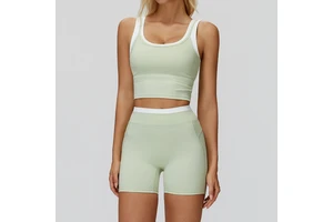 Women's Color Block Double Layer Sports Tank Top Padded Casual Slim Fit Sleeveless Workout Top Gym Yoga Running Vest and Shorts