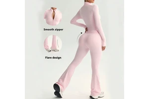 Women Yoga Activewear Set High Neck Smooth Zipper Long Sleeve Top High Waist Lift Hips Flare Pants Yoga Gym Wear Outfit