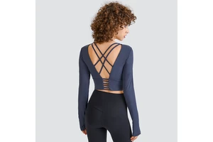 Wholesale New Design Breathable Eco-Friendly Thumb Hole Cuffs Yoga Tops Activewear Long Sleeve Back Cross Strap Women's