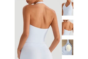 Women's Hollow Back V--Neck Nylon Seamless Quick Dry Shockproof Halter Yoga Tank Top Breathable Fitness Underwear with Logo