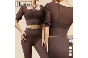 New Women's Fitness Workout Crop Short Sleeve V Neck Yoga Top Quick Dry Breathable Mesh False Two-Piece Running T-shirts Tops