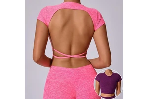 New Design Big Backless Sports Short Sleeve Removable Bra Pads Cross Back Top Wearable Fitness Yoga Short Sleeve Female