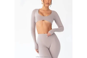 Custom Logo Slim Fit Deep U Activewear Training Fitness Workout Running Sports Compression Gym Long Sleeve Yoga Crop Top Women