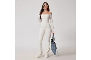 Wholesale Women Off Shoulder Open Back Long Sleeve Yoga Jumpsuit Double Straps Flared Leg Sexy One Piece for Fitness