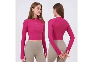 Aoyema Womens Slim Fit Stand CollarShaping Sports Running Thumb Hole Fitness Tops Zipper Soft Long Sleeve Workout Yoga Jacket