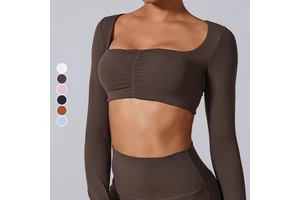Women's Autumn Winter Breathable Lightweight Yoga Top Exposed Waist Pleated Solid Color Sporty Long Sleeves