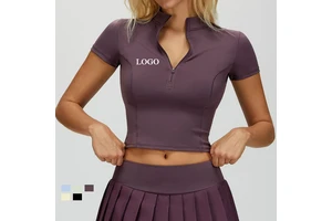 Custom High Stretchy Short Sleeve Gym Tshirts Active Tops Half Zip Slim Fit Breathable Running Sports Yoga Crop Tee Shirts
