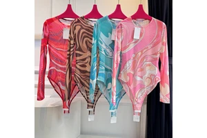Women's Geometric Print Mesh Long Sleeve Tanktop Wholesale Crew Neck Sheer Breathable Skinny Fit Nylon/Cotton Top For Bulk Order