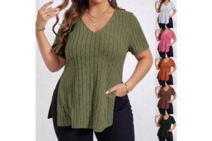 Spring/Summer Solid Color Plus-Size Women's V-Neck Short-Sleeve Slit Ribbed Polyester Spandex Brushed t Shirt for Women Ladies