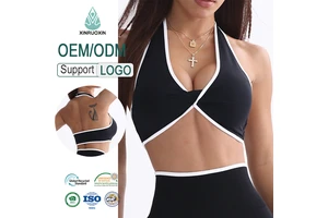 Women's Thin Strap V-Neck Cross Back Workout Sports Bra High Elasticity Seamless Front Logo Sleeveless Fitness Yoga Top