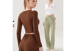 XW-MZ-192 Ready-made Custom logo Collar Design Buttoned Slim Fit Comfortable Women's Yoga Fitness Long Sleeve Tops