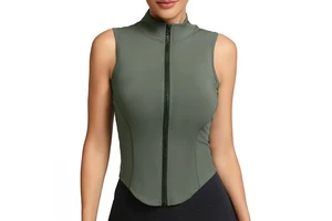 Vintage Slim-Fit Sweat-Absorbent Quick Dry Bow Collar Women's Sleeveless Zip-Up Sports Vest for Running Yoga