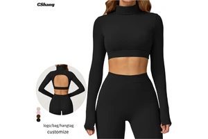 Breathable Lightweight High Neck Long Sleeve Sports T-Shirt Activewear Crop Top Built Bra Open Back Skinny Fit Women's Gym Yoga