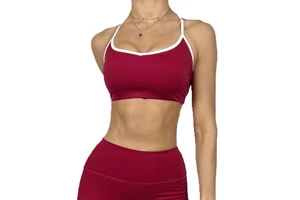 Four Way Stretch Printed Nylon Tank Top OEM Contrasting Colors Sweetheart Neck Sports Bra With Crisscross Back Straps