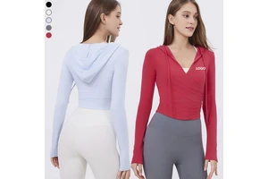 XW-CX5009 Long Sleeve V Neck Sport Tops for Women Gym Fitness Training T Shirt With Hood Cross Front Yoga Top