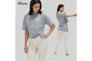 New Style Mesh Quick Drying Women Yoga Clothes Fashionable and Breathable Yoga T-shirts in Stock Loose Yoga Tops for Fitness