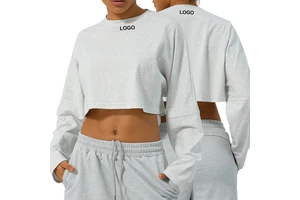SM2335 Women's Loose Long Sleeve Yoga Top Round Neck Short Fitness T-Shirt Breathable Running Top Solid Pattern for Adults