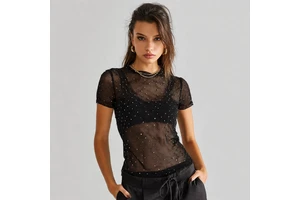 Wholesale Rhinestone Sheer Mesh Tee Shirts Women Quick Dry Transparent T Shirt Women's Custom Rhinestone See Through Tee