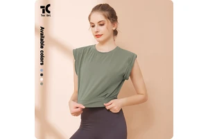 Summer Breathable Loose Crew Neck Sleeveless Crop Waist Cinching Hem Front Logo Fashionable Sports Fitness Training Yoga Top
