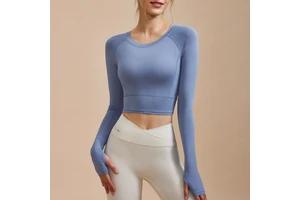 Roregal V Neck Yoga Long Sleeve Top Front Logo Waist Pleats Women's Fixed Cup Fitness Quick Dry Nylon Spandex T-Shirts