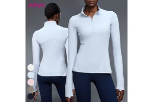 Janya Slim Fit Gym Sports Shirt Stand Collar Half Zipper Thumb Holes Long Sleeve Fitness Yoga Tops with Hidden Pocket for Women